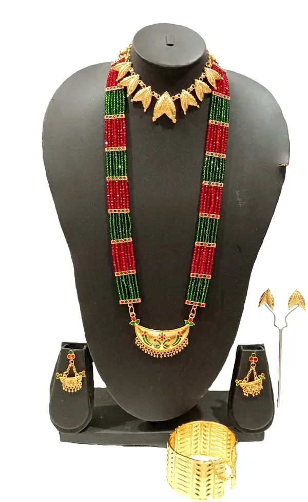 Assamese_Traditional_Gold_Plated_Red_Green_Colour_Combo_Jewellery_Set_For_Women